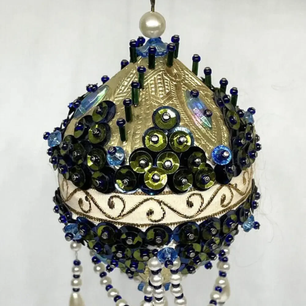 Iridescent Green Gold Beaded‎ Push Pin Chandelier Christmas Ornament MCM Vintage